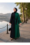 Siyah Zümrüt V-Desenli Garnili Kuşaklı Elbise