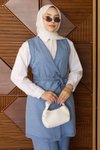 Buz Mavisi Kemer Detaylı İkili Kot Takım