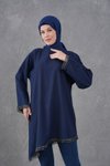 Lacivert Asimetrik Kesim Şerit Aksesuarlı Salaş Tunik