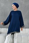 Lacivert Bluz Pulpayet Detaylı Asimetrik Tunik