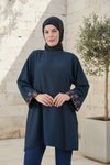 تونيك واسع كحلي وبني بتفاصيل إكسسوار أكمام