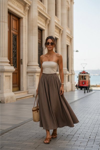 Kahverengi İtalyan Kloş Beli Lastikli Etek