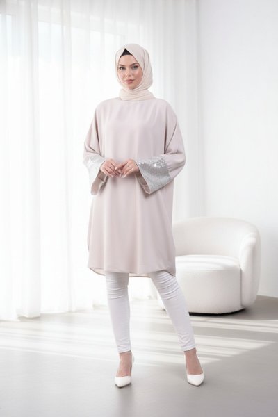 Knee-Length Loose-Fit Batwing Evening Tunic - Beige