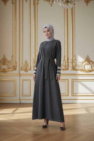 Belted Sequin-Trim Evening Dress - Anthracite
