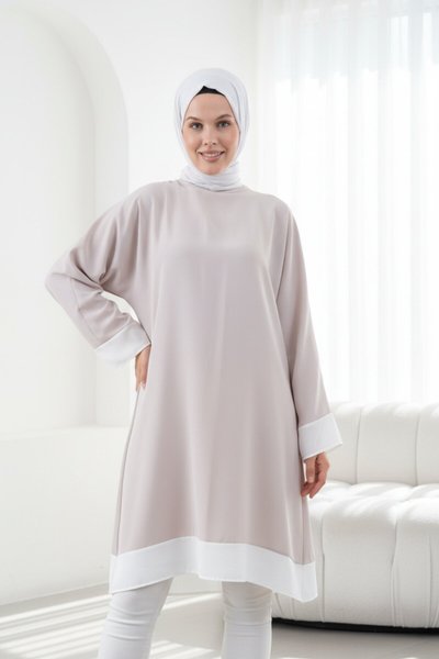 Knee-Length Loose-Fit Inset Tunic - Beige