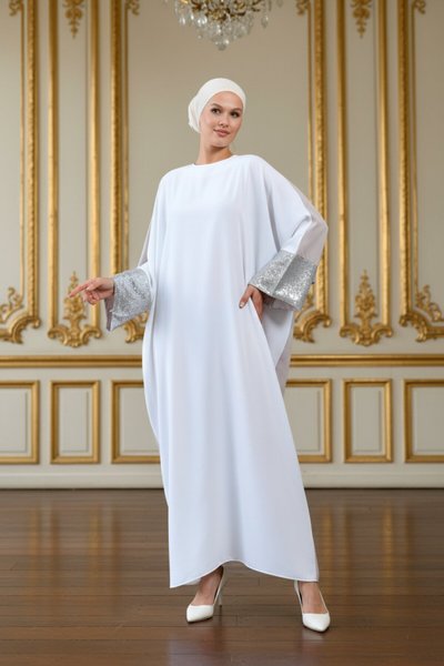 Batwing Sleeve Sequined Abaya - Beige