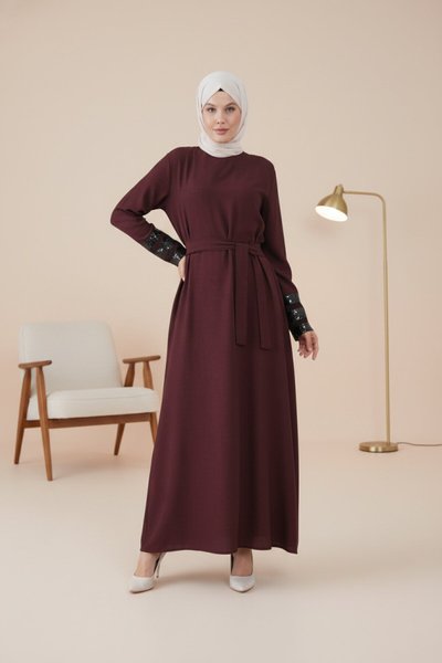 Belted Sequin-Trimmed Dress - Burgundy