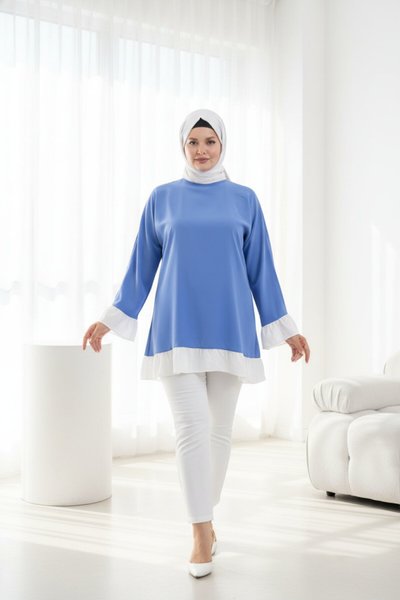 Loose Ruffle Contrast-Detail Modest Tunic - Dark Blue