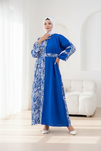 Loose-Fit Patterned Detail Modest Dress - Midnight Blue