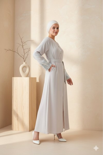 Gri Kuşaklı Önü Açık Abaya Ferace