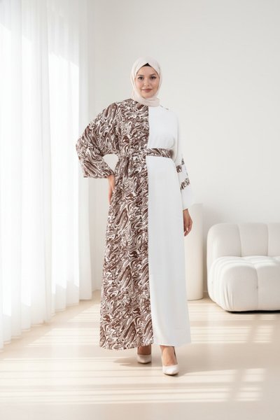 Loose-Fit Patterned Garnish Modest Dress - Brown