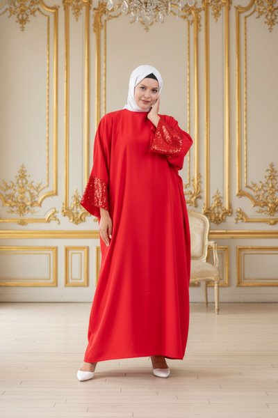 Sequin-Detail-Sleeves Abaya - Red