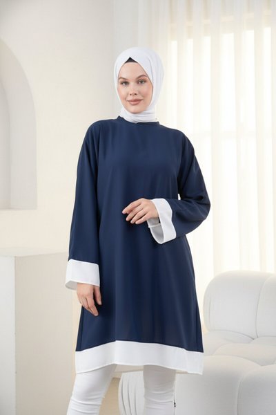 Knee-Length Loose-Fit Ecru-Trimmed Tunic - Navy Blue