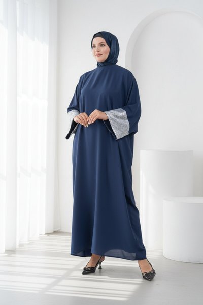 Silver Sequin Detailed Abaya - Navy Blue