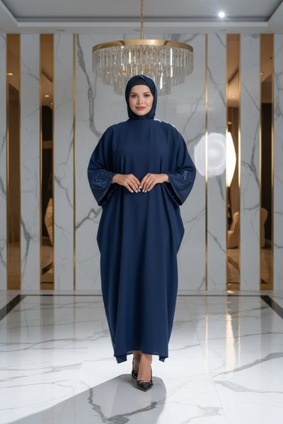 Sequin-Sleeve Modest Abaya - Navy Blue