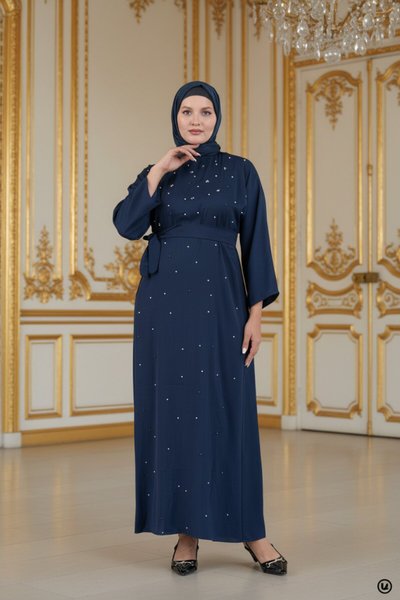 Belted Pearl-Detailed Modest Evening Dress - Navy Blue