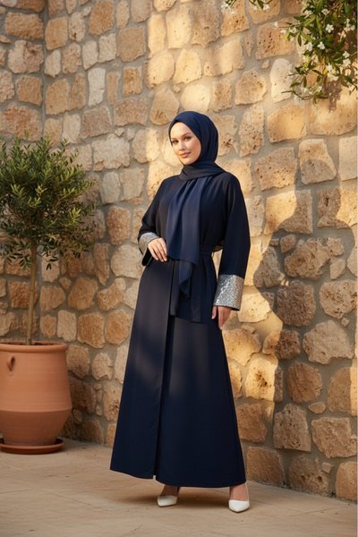 Lacivert Önü Açık Kuşaklı Abaya Ferace