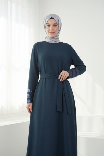 Belted Sequin-Trim Modest Dress - Navy Blue