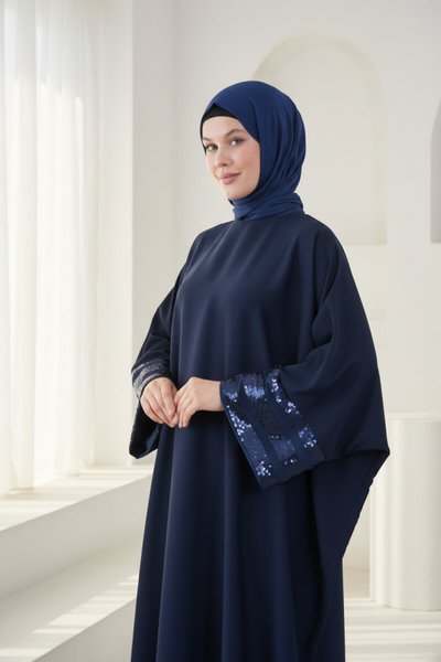 Plus Size Sequin-Stripe Modest Abaya - Navy Blue