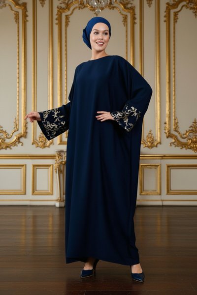 Batwing Cut Glittery Accessory Patterned Evening Abaya Ferace - Navy Blue