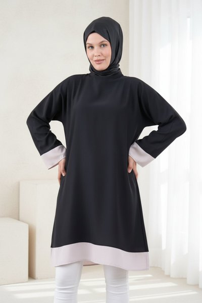 Knee-Length Loose-Fit Trimmed Tunic - Black and Beige
