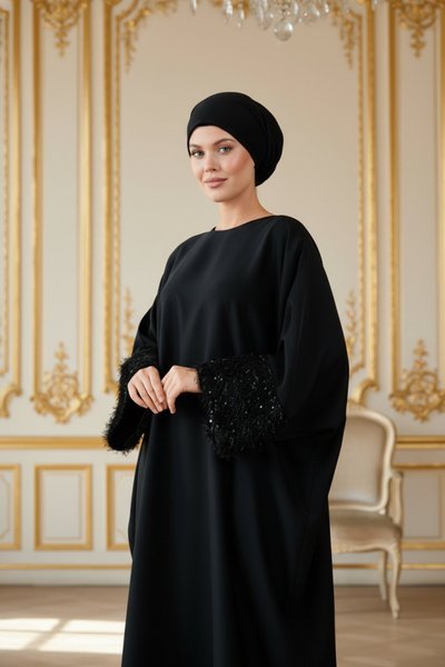 Plus Size Tassel-Sleeve Abaya - Black
