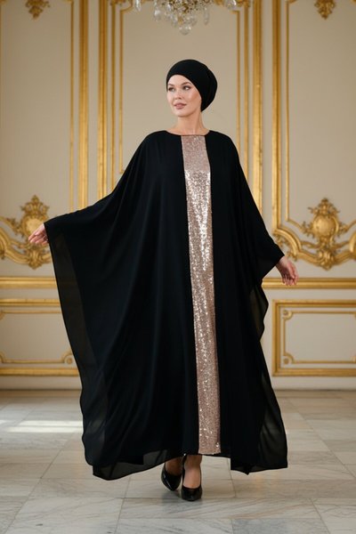 Plus Size Sequin Detailed Abaya - Black