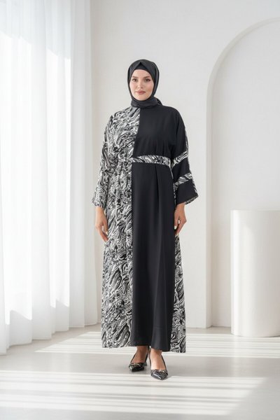 فستان فضفاض أسود منقوش بتفاصيل غارني