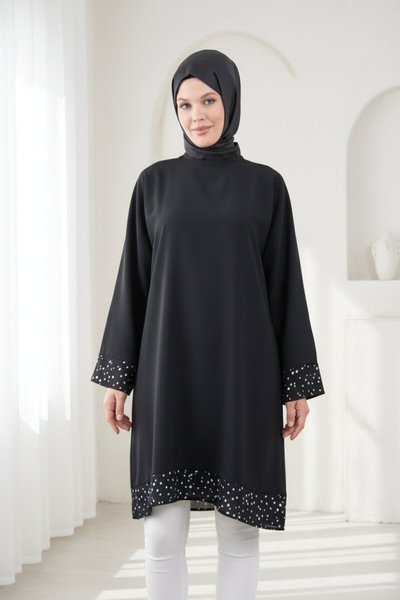 Knee-Length Loose-Fit Garniture Tunic - Black