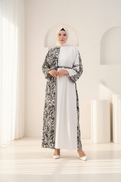 Loose Patterned Detailed Modest Dress - Black Ecru