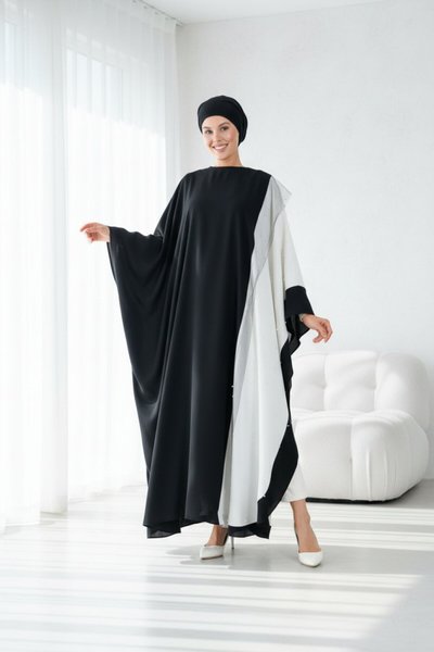 Garnished Pearl and Tulle Detail Abaya - Black Ecru
