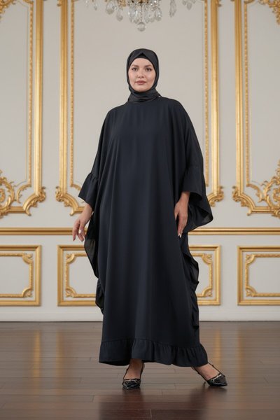 Wide-Fit Side-Ruffle Abaya - Black