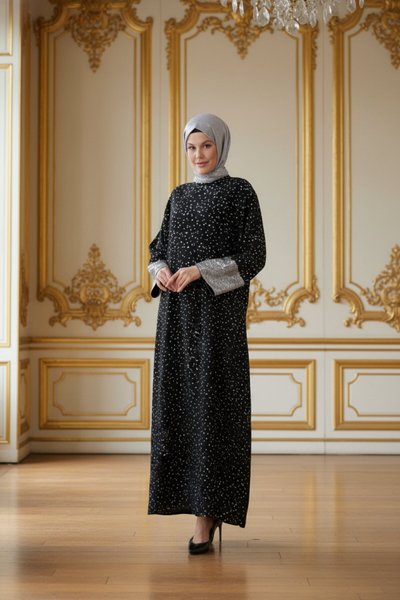 Silver Sequin Cuffed Hi-Low Abaya - Black