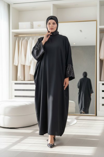 Sequin Sleeve Abaya - Black