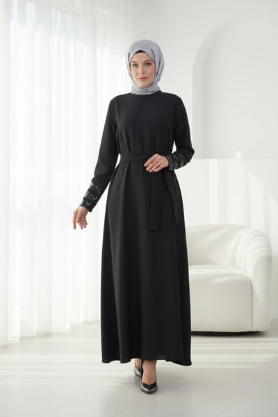Belted Sequin-Sleeve Evening Dress - Black