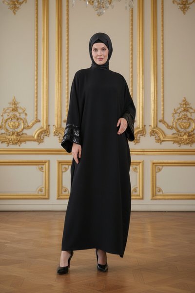 Embroidered Sleeve Sequin-Striped Abaya - Black