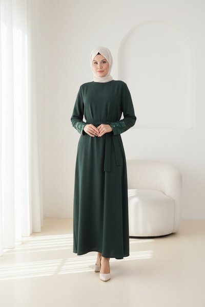 Sequin Detail Belted Dress - Emerald