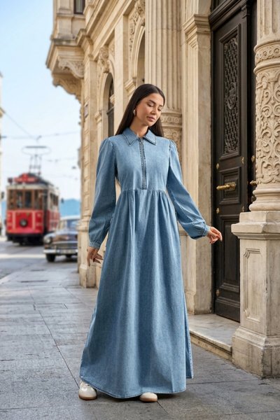 Mavi Yanı Cepli Kot Elbise