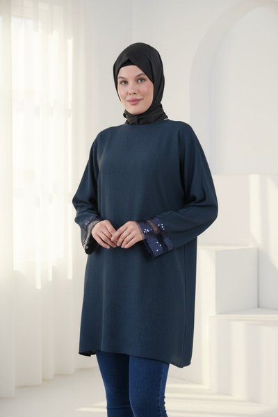 Loose Fit Cuff-Accessory Modest Tunic - Navy Blue