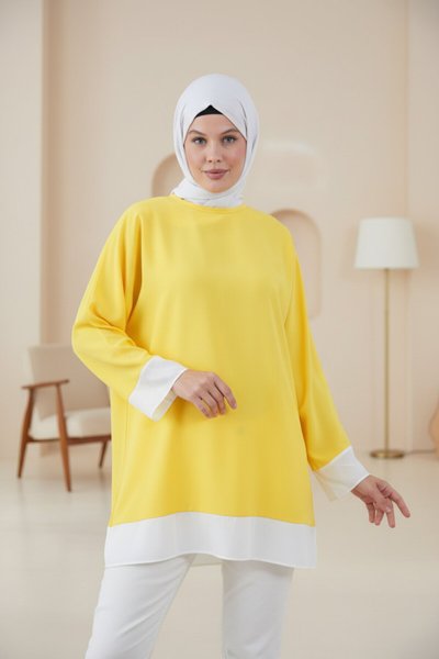 Sleeve and Hem Trimmed Tunic - Yellow