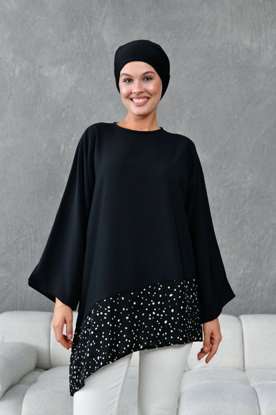 Siyah Asimetrik Garnili Tunik