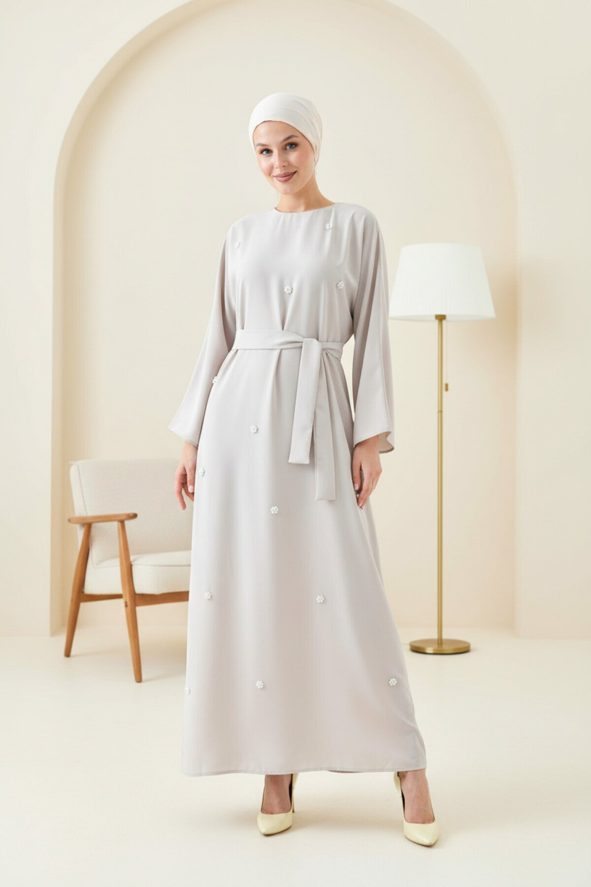 Pearl-Detailed Dress - Grey - Tuncay