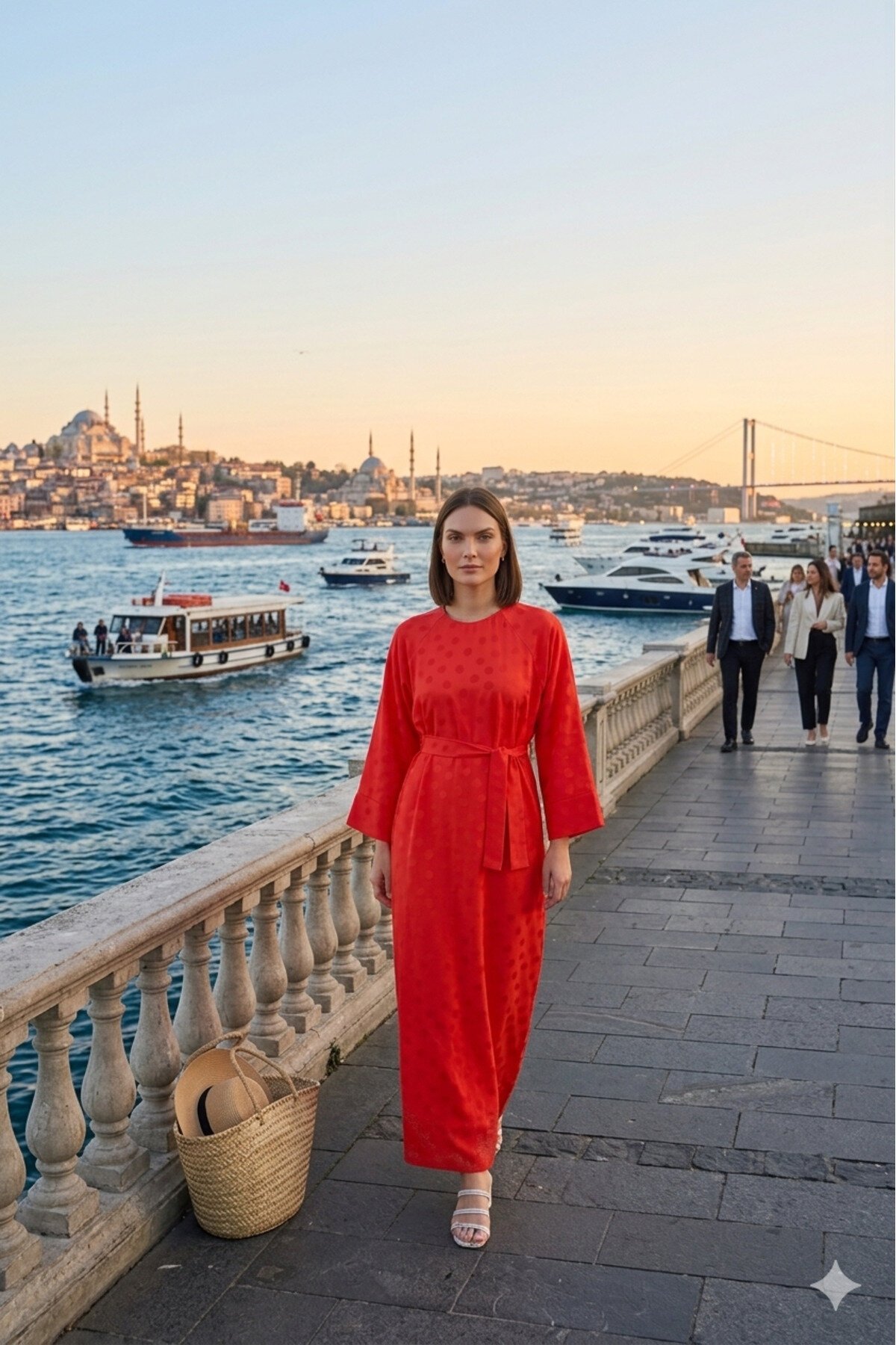 Kırmızı Puan Desenli Rahat Kesim Özel Kumaş Elbise - Tuncay