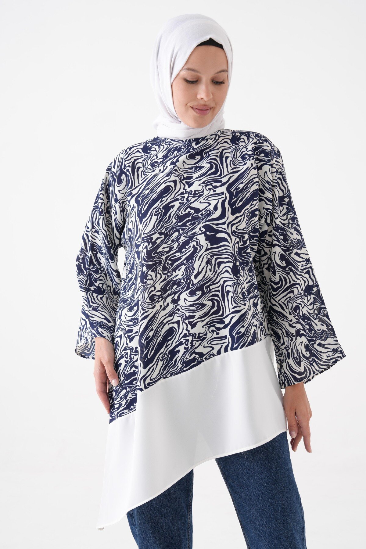 Navy Blue and Ecru Blouse Tunic - Tuncay