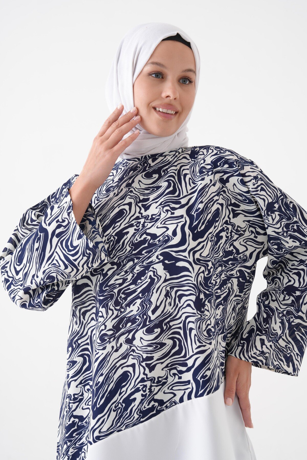 Navy Blue and Ecru Blouse Tunic - Tuncay