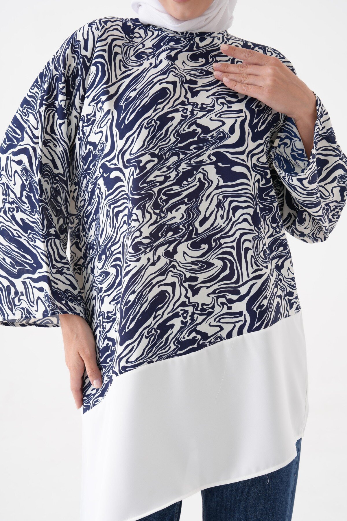 Navy Blue and Ecru Blouse Tunic - Tuncay