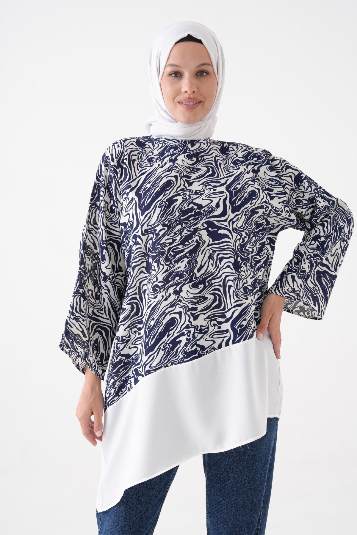 Navy Blue and Ecru Blouse Tunic - Tuncay