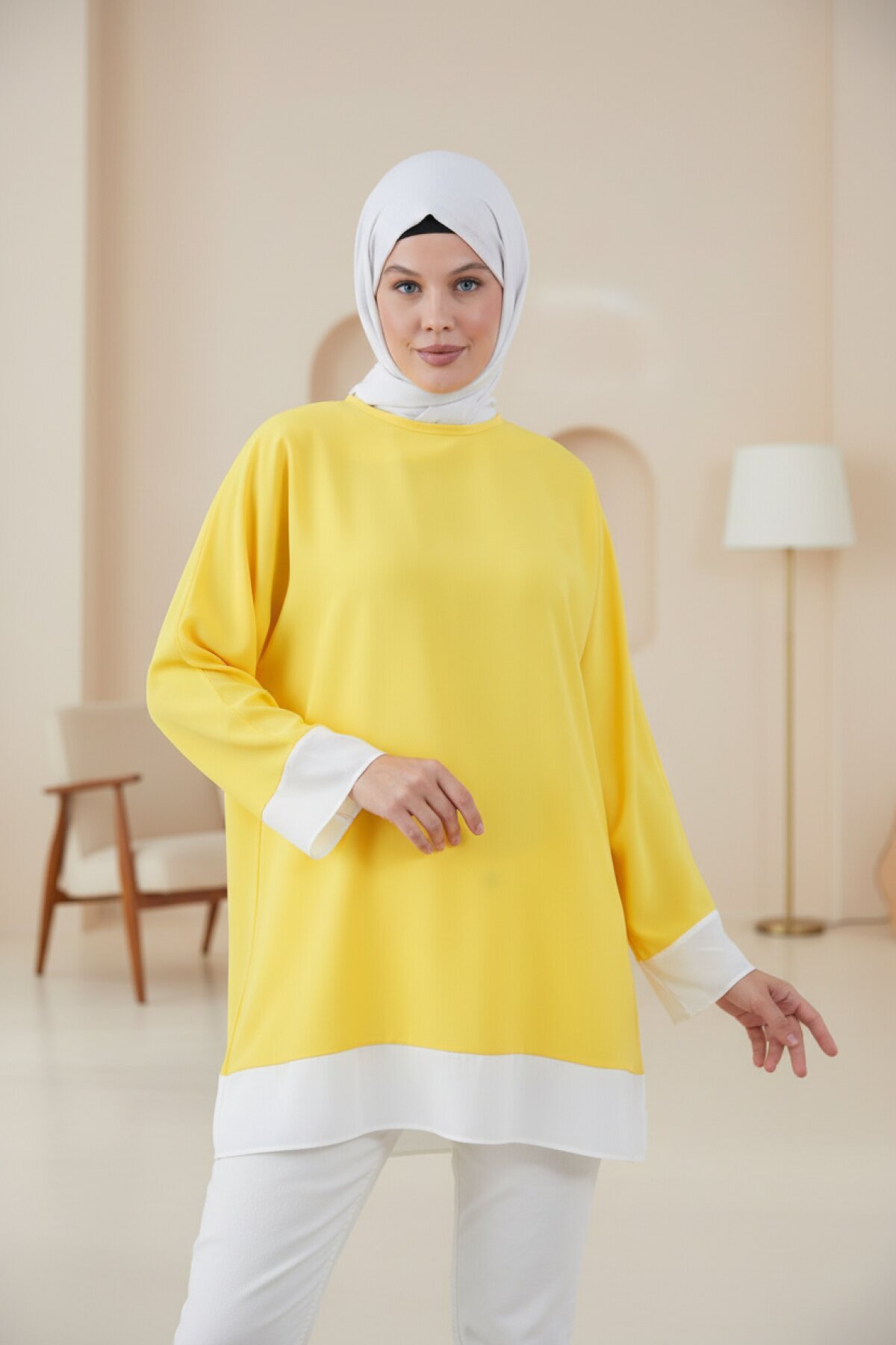 Sleeve and Hem Trimmed Tunic - Yellow - Tuncay