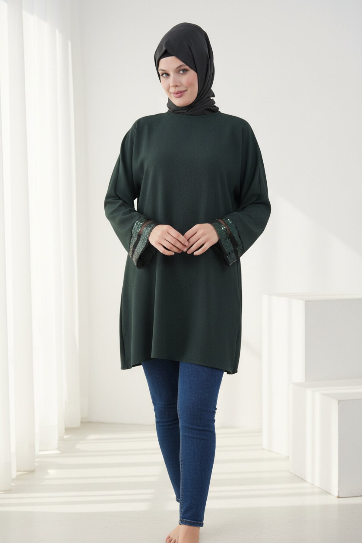 Loose-Fit Cuff-Accessory Detail Tunic - Emerald Green - Tuncay