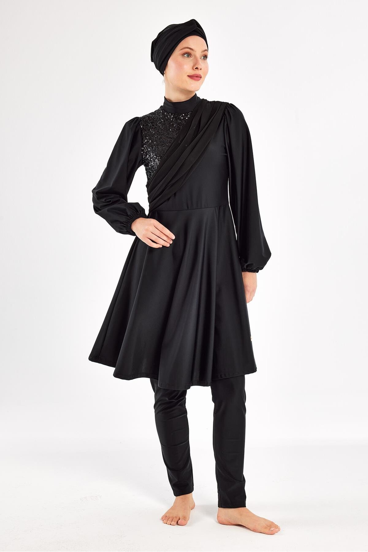 Siyah Salome Uzun Kollu Tam Kapalı Mayo - Adasea